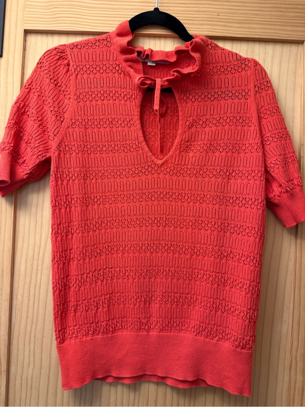 LOFT Coral Red Knit Tie-Neck Short Sleeve Sweater